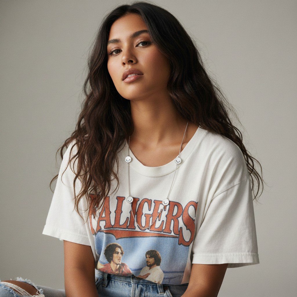 Model wearing SMYLN silver necklace